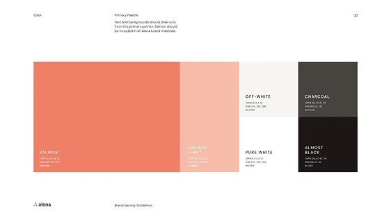 alena brand guidelines — primary color palette: Salmon, Salmon Light, neutrals, and darks with CMYK, RGB, and hex values