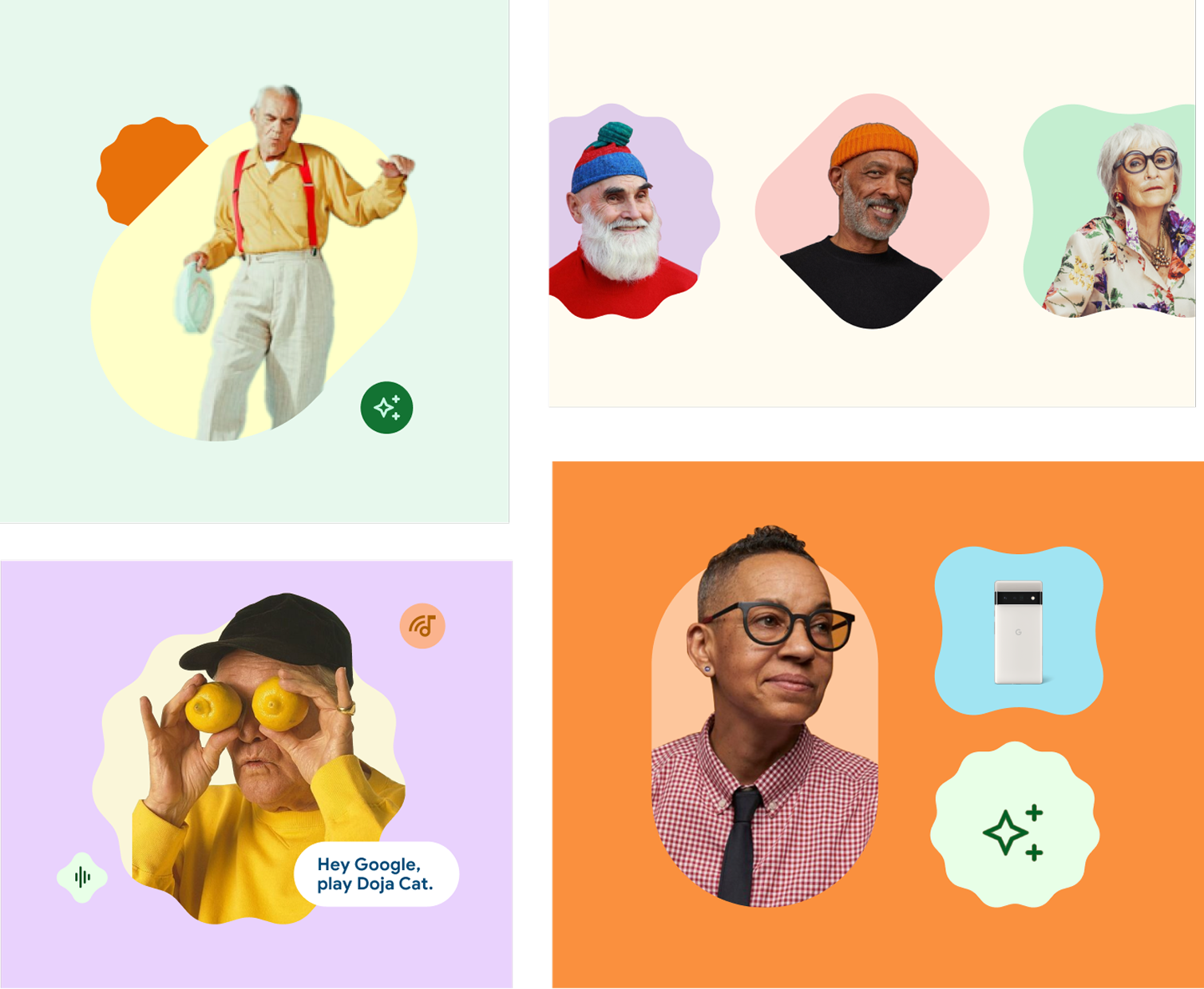 Google lifestyle collage — four panels: dancing figure on mint with blob shapes, three framed portraits on cream, person with lemons and Hey Google play Doja Cat speech bubble on lavender, and portrait with Pixel phone and sparkle icon on orange