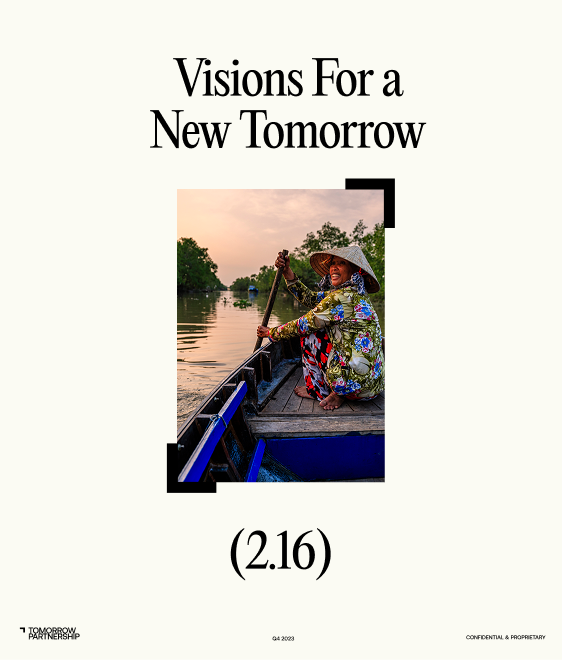 Visions For a New Tomorrow — vertical layout with photo, corner brackets, and Tomorrow Partnership footer