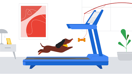 Flat illustration — brown dachshund running on a blue treadmill toward a bone on a fishing line; minimalist room with side table, lamp, abstract art, and potted plant