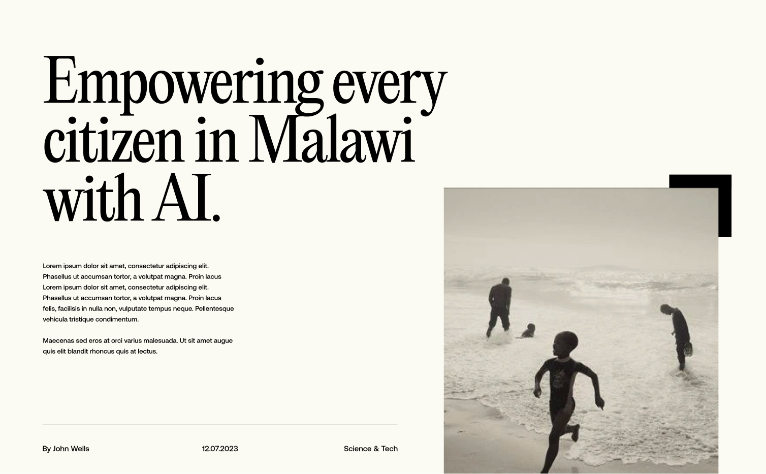 Empowering every citizen in Malawi with AI — two-column editorial layout with headline, body copy, and beach photograph with corner bracket