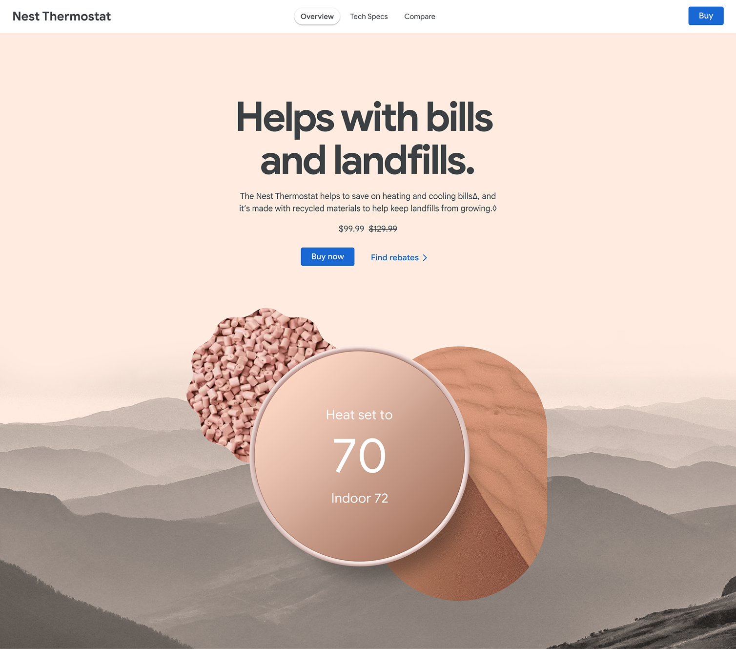 Nest Thermostat — product marketing page with hero, pricing, recycled-materials visuals, and mountain landscape