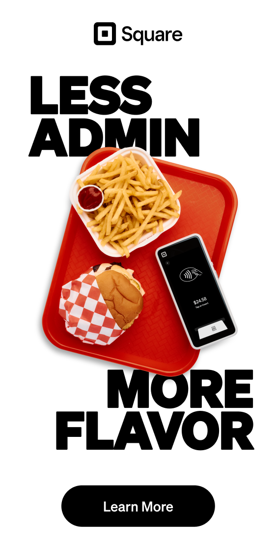 Square F&B vertical ad — Less admin, more flavor; red tray with burger, fries, and Square Terminal