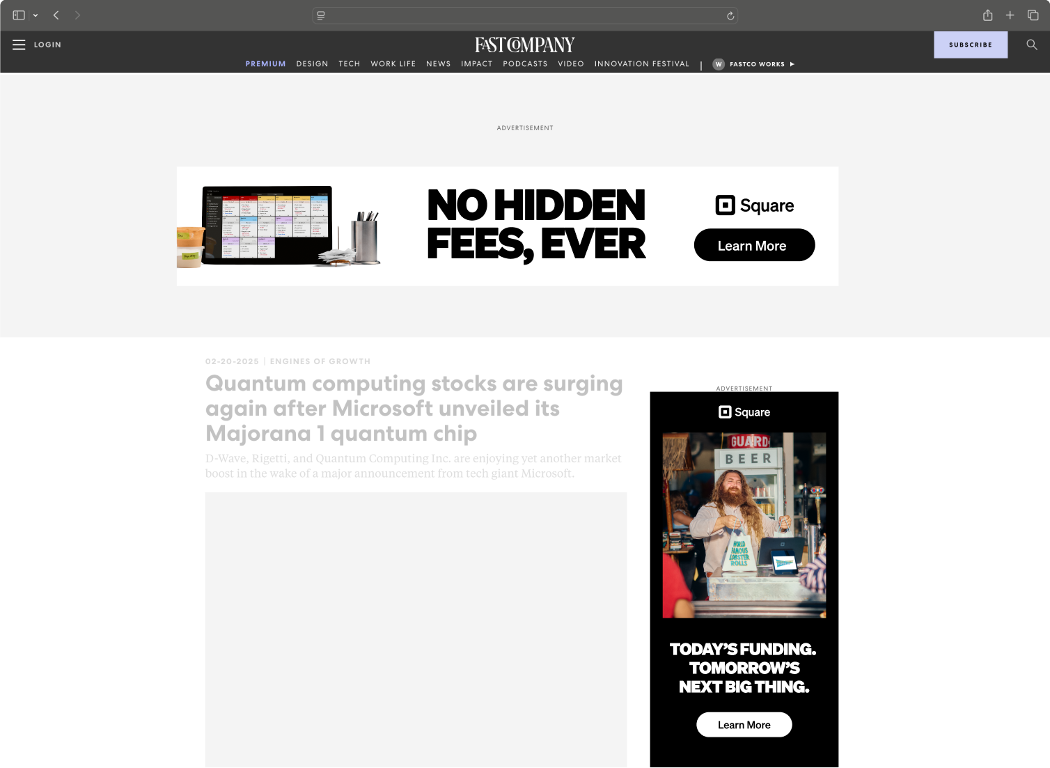 Square F&B — Fast Company editorial placement with Square top banner and sidebar ads