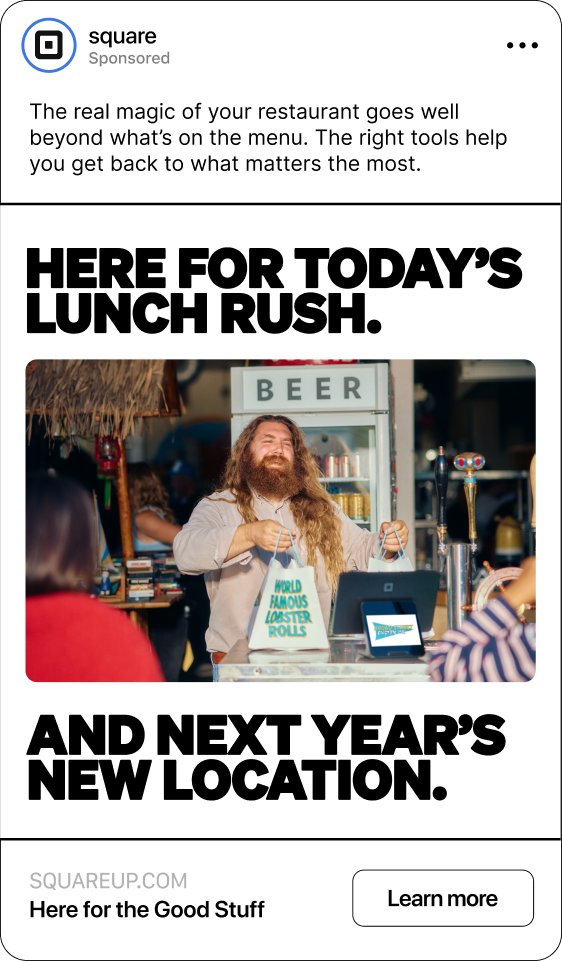 Square F&B sponsored social — Here for today's lunch rush and next year's new location; counter with Square POS and lobster roll bags