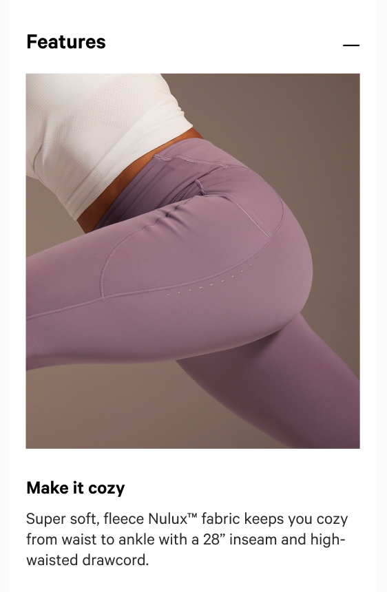 Features — Make it cozy; Nulux fleece product detail with pocket seam and copy