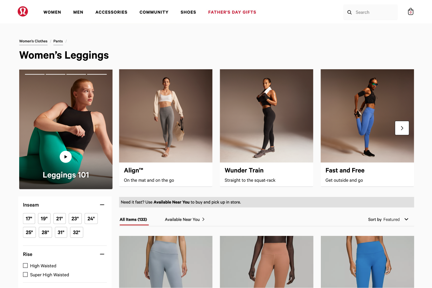 Women's Leggings category page — franchise carousel with Leggings 101, Align, Wunder Train, and Fast and Free; filters, sort, and product grid