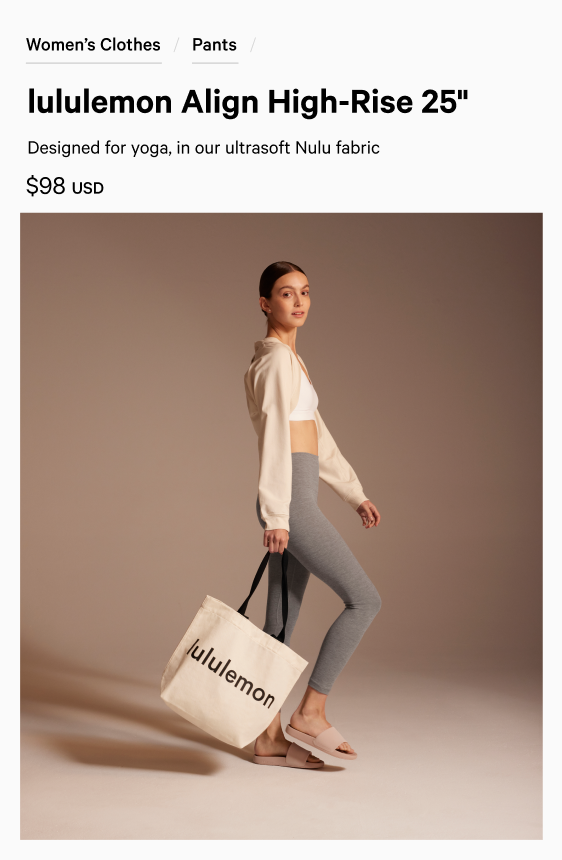 lululemon Align High-Rise 25 inch product page — Nulu fabric, price; lifestyle photo with tote and grey leggings