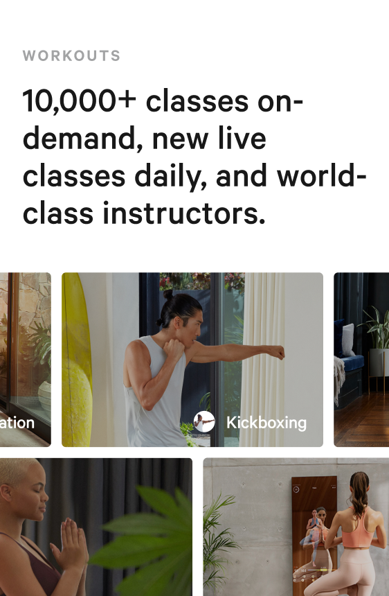 Workouts — 10,000+ on-demand classes and daily live classes; class carousel and two-up of meditation and Mirror workout
