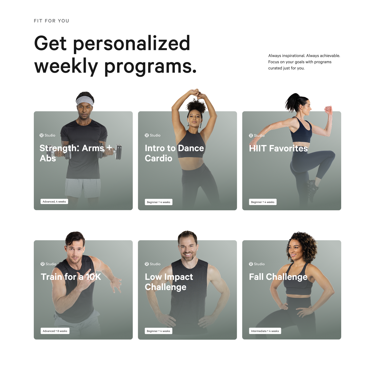 Fit for you — get personalized weekly programs; grid of six Lululemon Studio program cards: Strength Arms + Abs, Intro to Dance Cardio, HIIT Favorites, Train for a 10K, Low Impact Challenge, and Fall Challenge