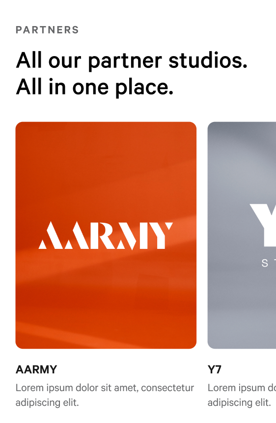 Partners — all our partner studios in one place; studio cards including AARMY and Y7