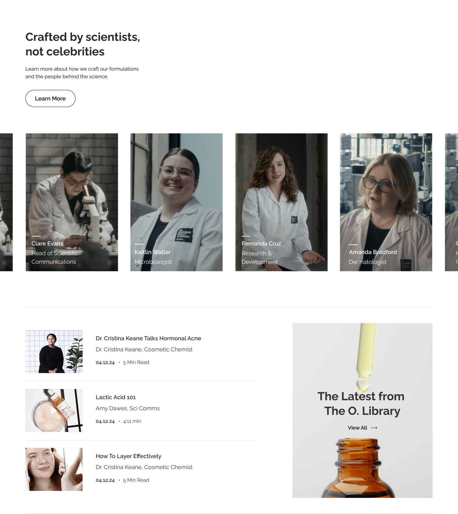 The Ordinary — Crafted by scientists not celebrities; team profiles, The O. Library articles, and featured dropper hero