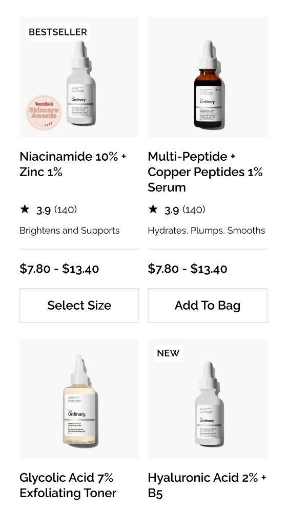 The Ordinary mobile product grid — bestseller and new items including Niacinamide, Multi-Peptide serum, Glycolic Acid toner, and Hyaluronic Acid with ratings and CTAs
