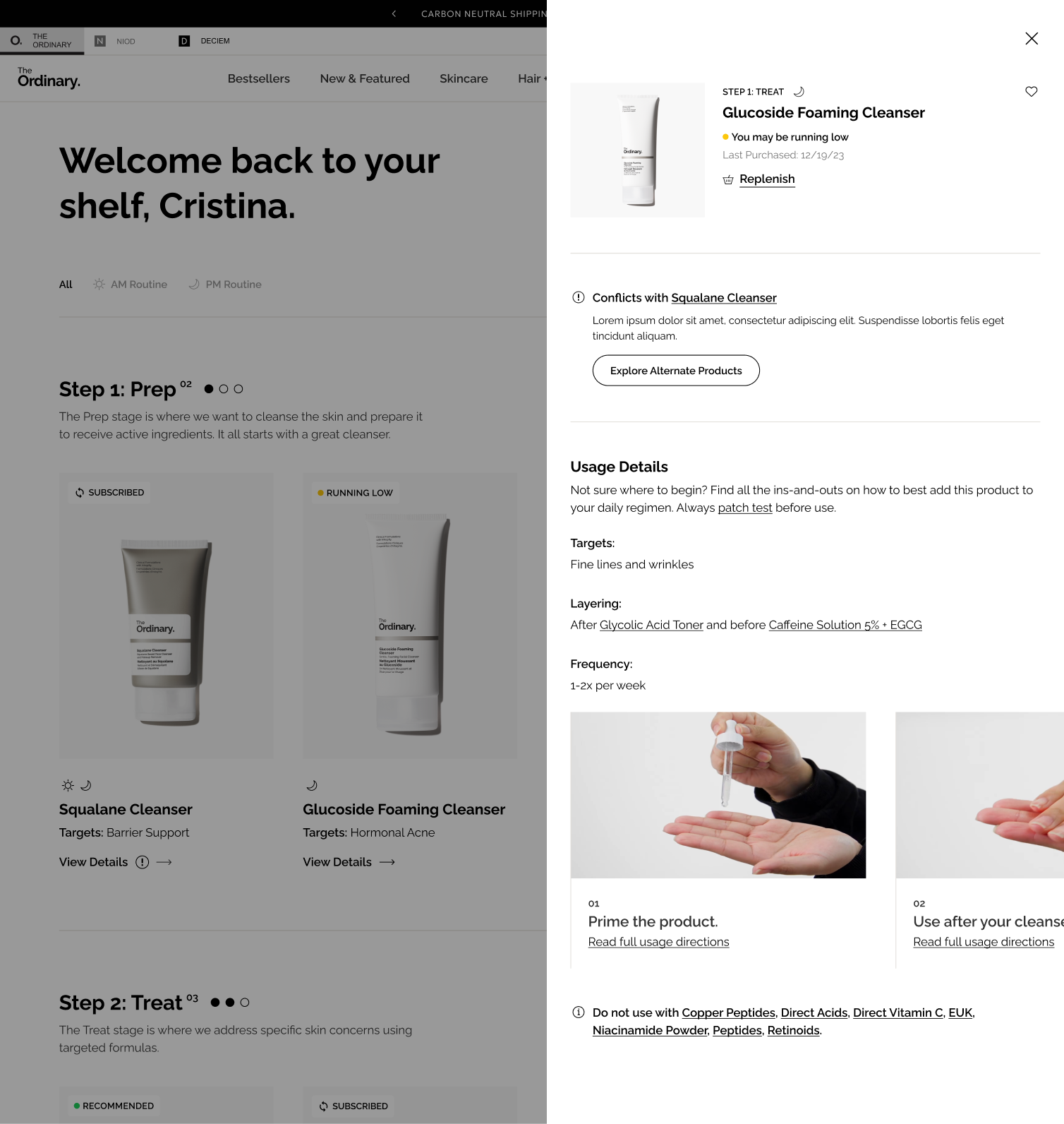 The Ordinary desktop mockup — personalized routine shelf with AM/PM steps and product detail sidebar with replenishment, conflicts, and usage instructions