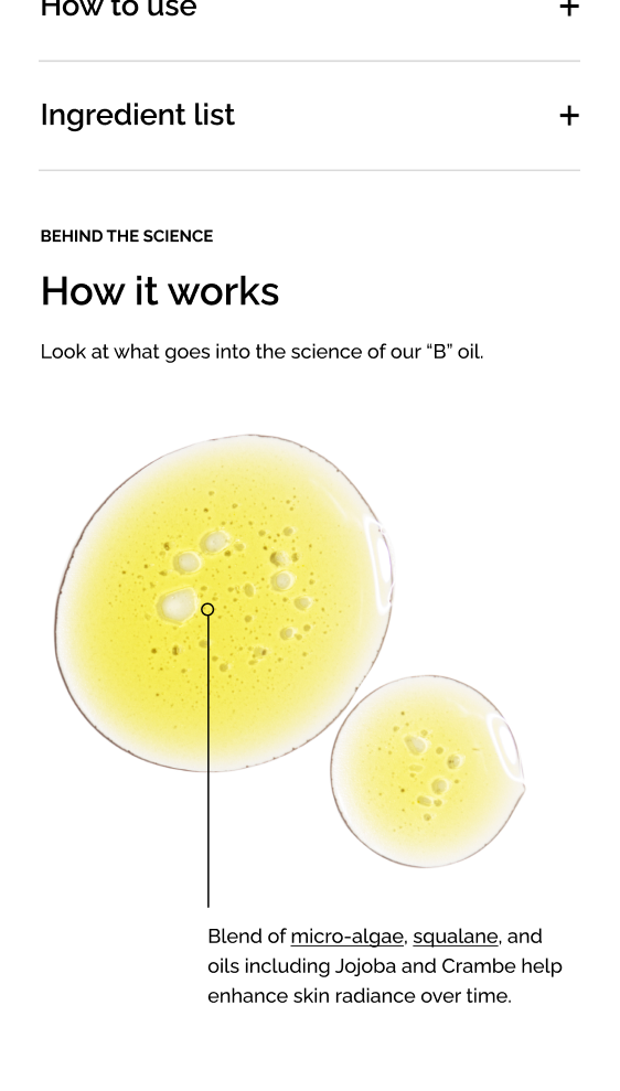 The Ordinary mobile product page — How to use and Ingredient list accordions; Behind the Science, How it works, oil droplet graphic, and ingredient description with micro-algae and squalane links